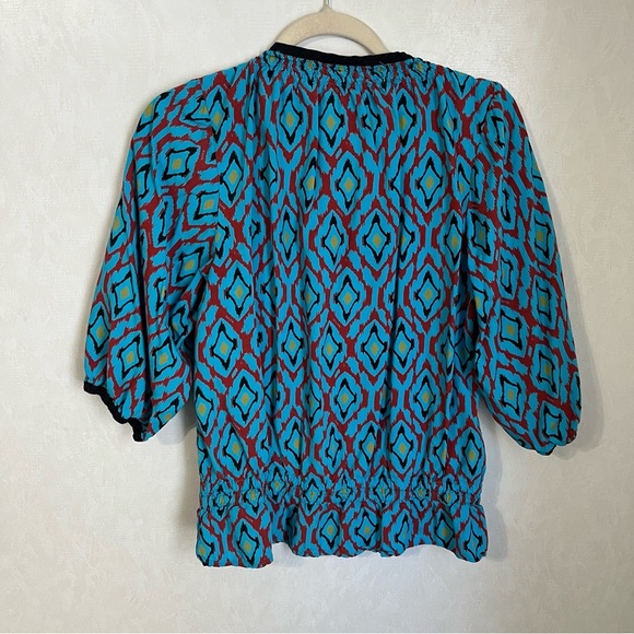 cruet Blue and Purple Puff 3/4 Sleeve Smocked Blouse Gathered Neckline and Waist - Picture 2 of 6